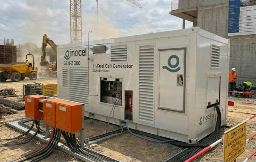 INOCEL GEN-Z 300 emission-free generator operating on a construction site, providing reliable and modular power solutions